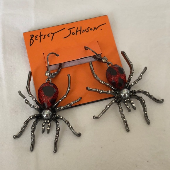 Betsey Johnson Hematite Tone Glampire Spider Drop Earrings Crystal Accents NWT - Picture 5 of 14
